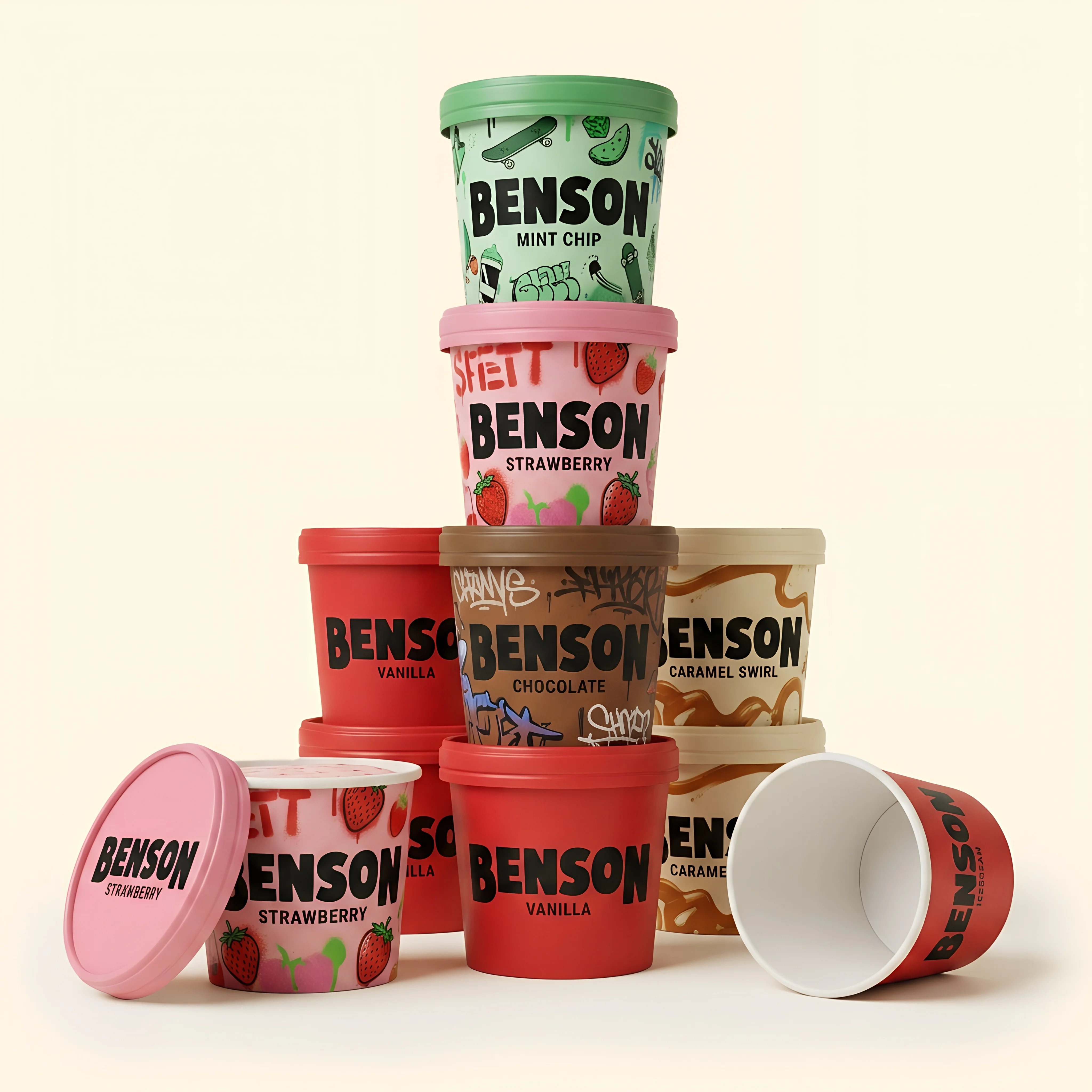 BENSON ice cream cup lineup — packaging across flavor range